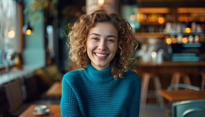 Young Woman Smiling in Cozy Cafe, Happy Atmosphere, Curly Hair, Teal Sweater, Natural Lighting
