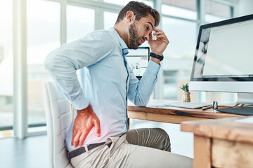 Back pain, strain and man in office, computer and overtime for deadline of project, sore and desk....