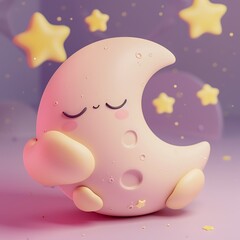 Pink starry night sky with a cute sleeping crescent moon