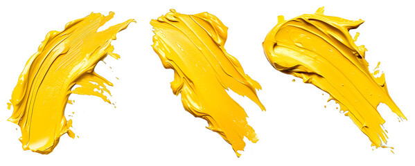 Set of dusty yellow brush strokes on transparent background, concept of cosmetic brush strokes or smears