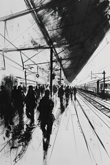 Fototapeta premium A black and white sketch of a bustling train station