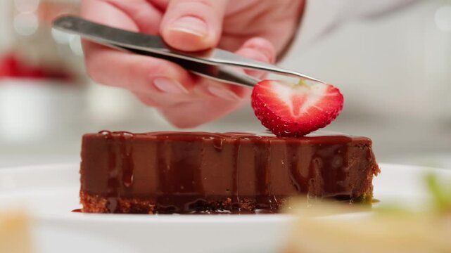 Pastry chef decorating chocolate dessert cheesecake with strawberry slice close-up. Cheesecake is a dessert made with a soft fresh cheese , typically cottage cheese, cream cheese, quark or ricotta