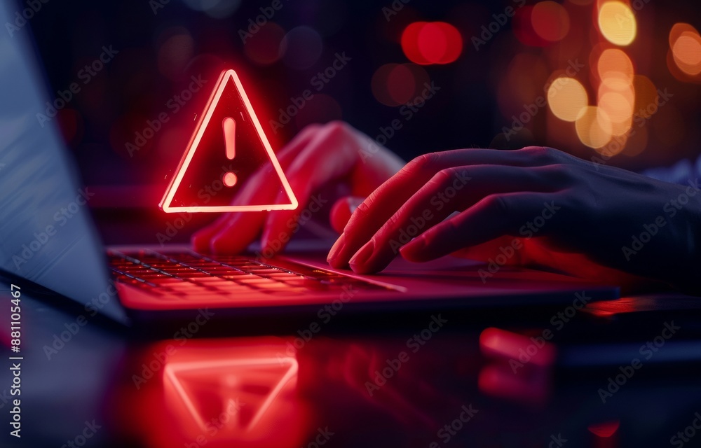Wall mural an image of a laptop screen with digital alert symbols hovering over the keys depicts the discussion