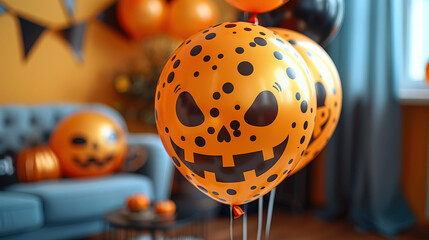 Row orange and black Halloween balloons with scary and funny faces. Halloween celebration banner