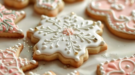 A closeup of a sugar cookie decorated with intricate royal icing designs for Christmas