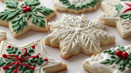 A closeup of a sugar cookie decorated with intricate royal icing designs for Christmas
