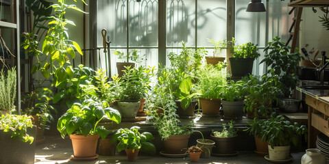 Lush indoor garden with potted herbs like basil, mint, and rosemary under natural light