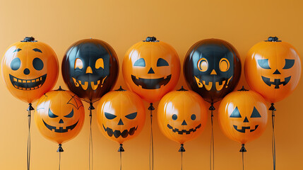 Obraz premium Row orange and black Halloween balloons with scary and funny faces on bright yellow background