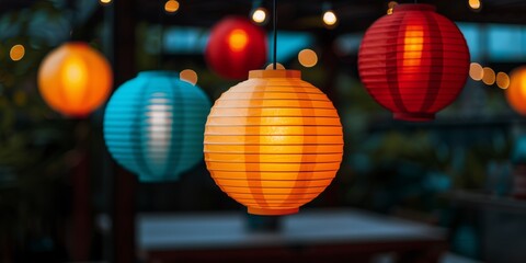 Fototapeta premium Colorful lanterns hang in a garden at night, casting a warm glow on the surrounding foliage