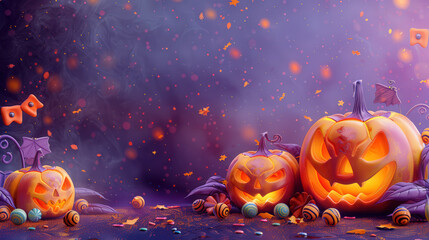 Fototapeta premium Happy Halloween. Bright whimsical Halloween background with orange pumpkins