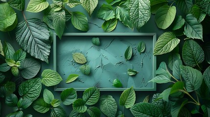 Lush green leaves and foliage frame an empty textured background