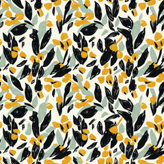 Modern printed fabric wildflower blockprint pattern with linen fabric textures. Stylized hand drawn boho dark florals for decorative design elements in repeatable background tile.