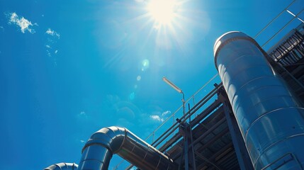 Air separating plant under clear blue sky on a sunny day with space for text