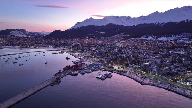 Aerial view of the City of Ushuaia at sunset.