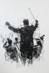 Fototapeta premium A black and white sketch of a conductor leading an orchestra