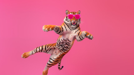 Dancing tiger with trendy pink sunglasses jumping against a bright pink background.