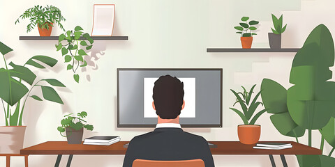 Businessman having a virtual meeting with a colleague in a contemporary office space adorned with glass walls and indoor plants.