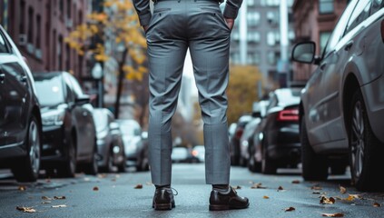 A man in formal attire stands confidently on the street, wearing grey trousers and business shoes with his hands in his pockets He is dressed for work or professional activities Generative AI