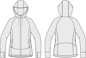 Hooded fleece jacket technical softshell full-zip hoodie CAD fashion illustration front and back views © 212069668