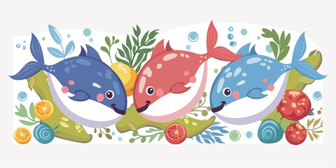 Obraz premium Three fish swim among fruits