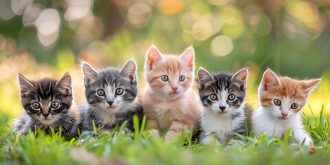 Five playful kittens enjoy a sunny day in the grass