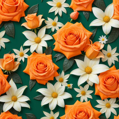 Fototapeta premium Orange background, featuring various flowers like roses, daisies, and lilies with green leaves and intricate details. 