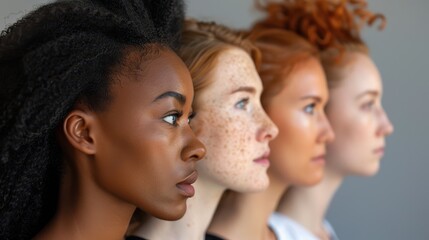 Obraz premium Diverse group of women standing in profile against a neutral background. Diversity and unity concept.