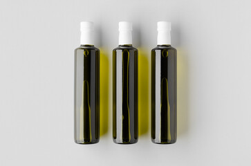 Olive, sunflower, sesame oil bottle mockup, top view.