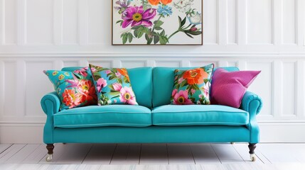 Chic living room with a teal sofa, colorful cushions, and vibrant floral wall art. Ideal for home decor and interior design themes.