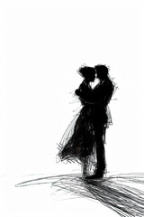 A black and white sketch of a couple embracing