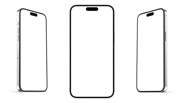 A collection of iPhone 15 and iPhone 15 Pro Max. Realistic smartphone mockups showcasing various angles and perspectives. Smartphones with blank screens.