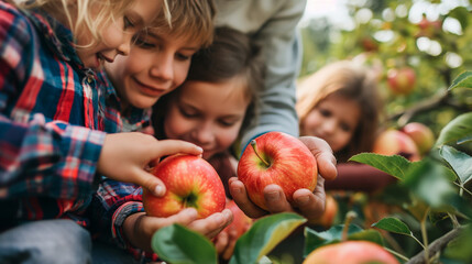 A family picking apples together, highly professional photo picture featuring dynamic interaction and balanced lighting, harvesting, with copy space