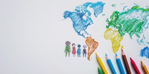 Obraz premium Colorful child's drawing of the world with a group of stick figures