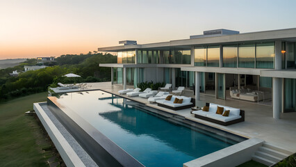 Fototapeta premium Luxury home with modern pool at sunrise, contemporary 