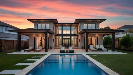 Fototapeta premium Luxury home with modern pool at sunrise, contemporary 