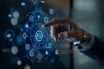 Businessman using futuristic interface to manage company data