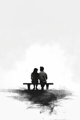 A black and white sketch of a couple sitting on a bench
