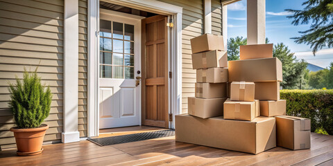 Stacked cardboard boxes clutter a residential porch, one box opened revealing packing paper, with a closed front door and empty spaces beside the pile.