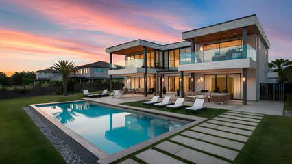 Fototapeta premium Luxury home with modern pool at sunrise, contemporary 