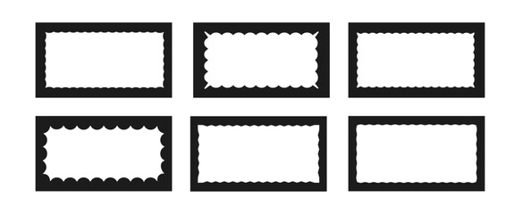 Set of rectangular frames with wavy zigzag inner edges. Trendy curved geometric frames for decorative design, stamps, stickers, price tags. Vector illustration