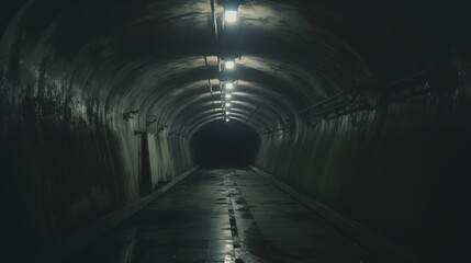 A dimly lit, wet underground tunnel with a long, mysterious passageway