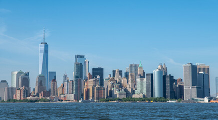New York City day time view from Hudson river side with clear blue sky