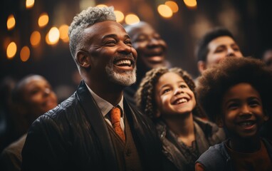 A man with a tie and a vest is smiling at a group of children. Concept of joy and happiness, as the man