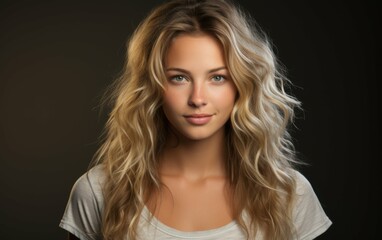 Fototapeta premium A woman with long blonde hair is smiling at the camera. She is wearing a white shirt and her hair is styled in a way that makes it look voluminous. Scene is cheerful and positive