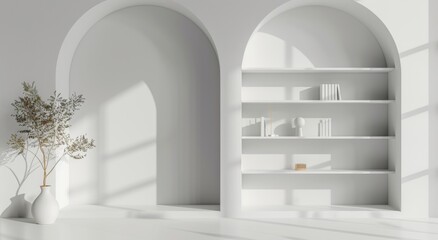 Minimalist white interior with arched bookcase and plant in a vase