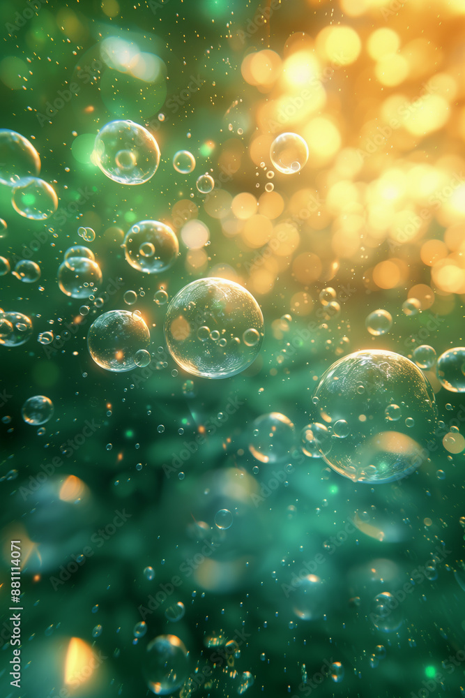 Wall mural abstract background, liquid visual effects, bubbles in green space, blurred sunlight