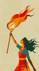 Vintage retro poster beautiful young girl holds Olympic torch