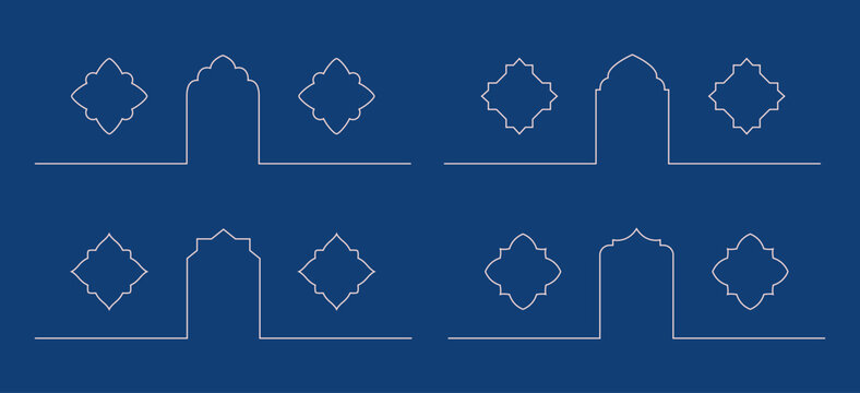 Line arabian window, arch shape. Outline border with oriental patterned windows. Vector elements for eid mubarac card, background