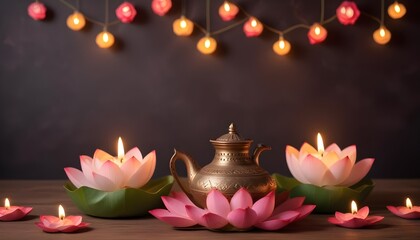 Indian lotus flower background event with oil lamp candles
