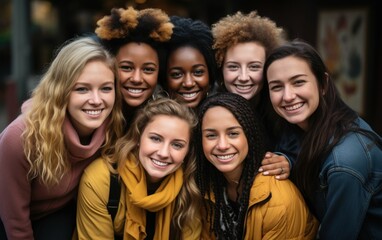 Fototapeta premium A group of young women are smiling and posing for a picture. They are all wearing different colored clothing, including yellow, pink, and blue. Scene is happy and friendly